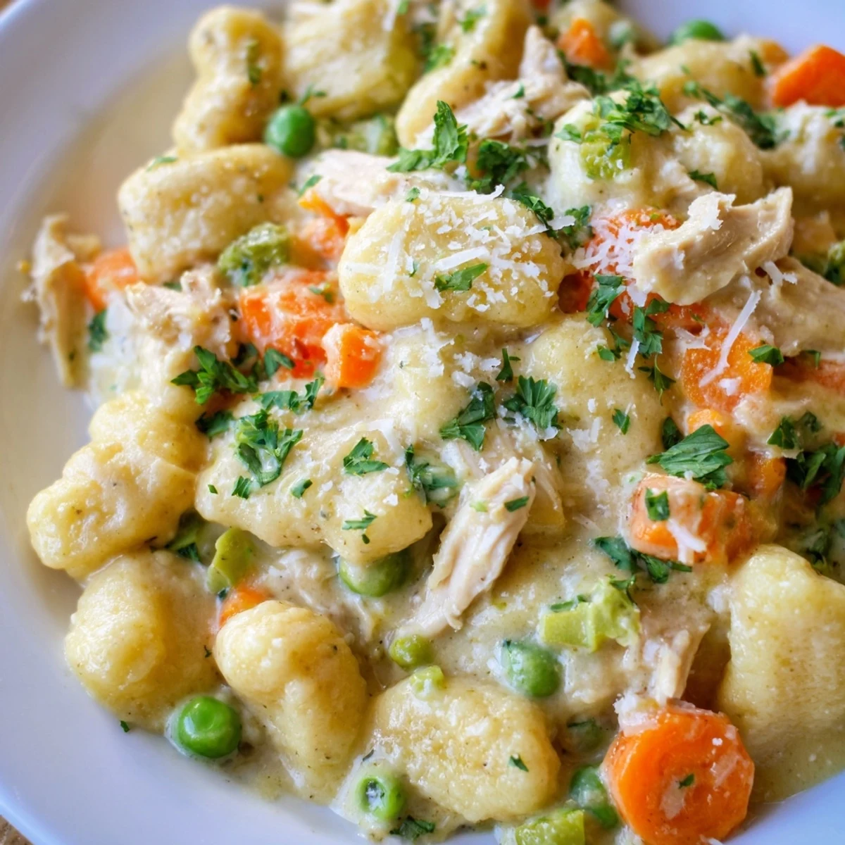 Golden one pot gnocchi chicken pot pie bubbling in a rustic cast iron skillet