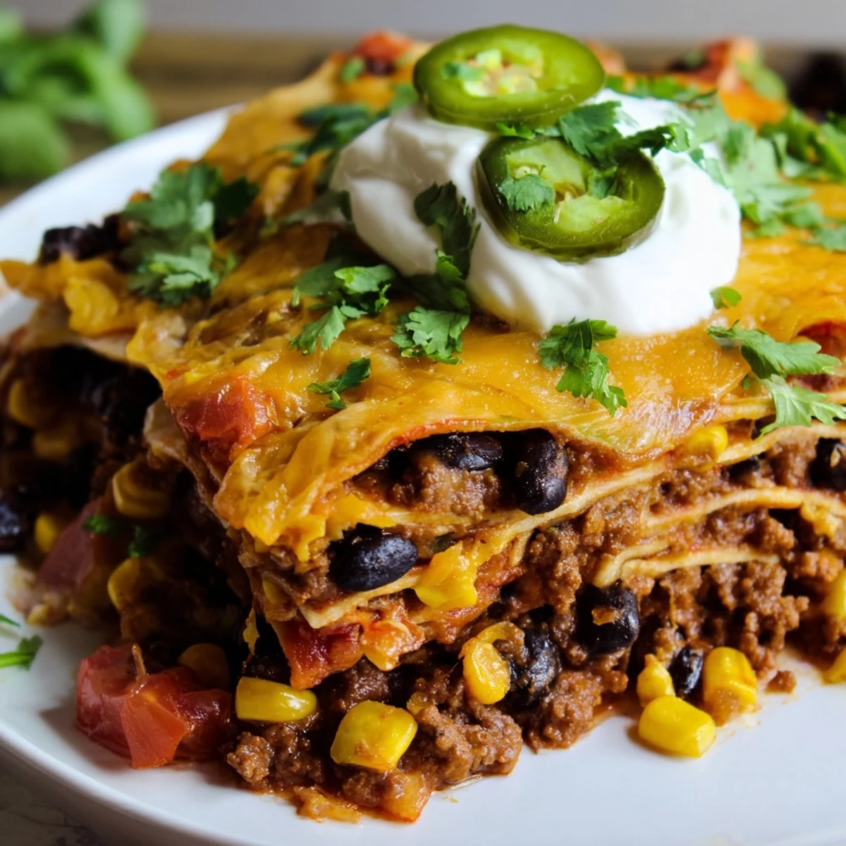 Golden bubbling Mexican lasagna with layers of seasoned beef beans and melted cheese
