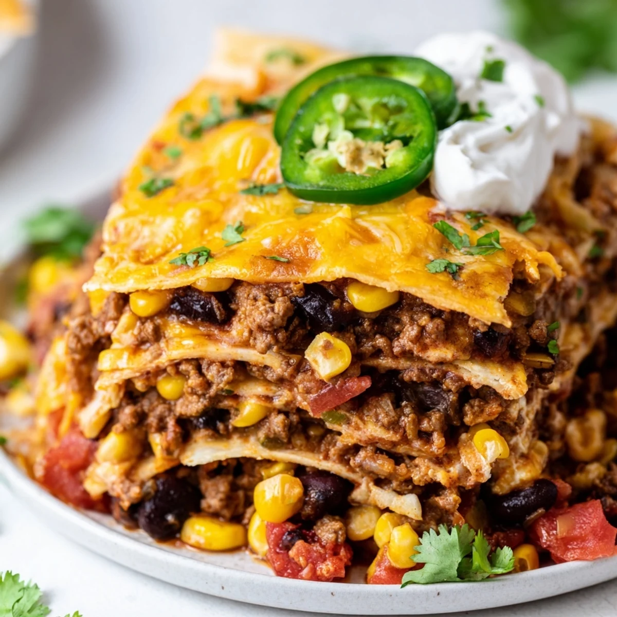 Mexican lasagna sliced square revealing tortilla layers spiced meat and gooey cheese