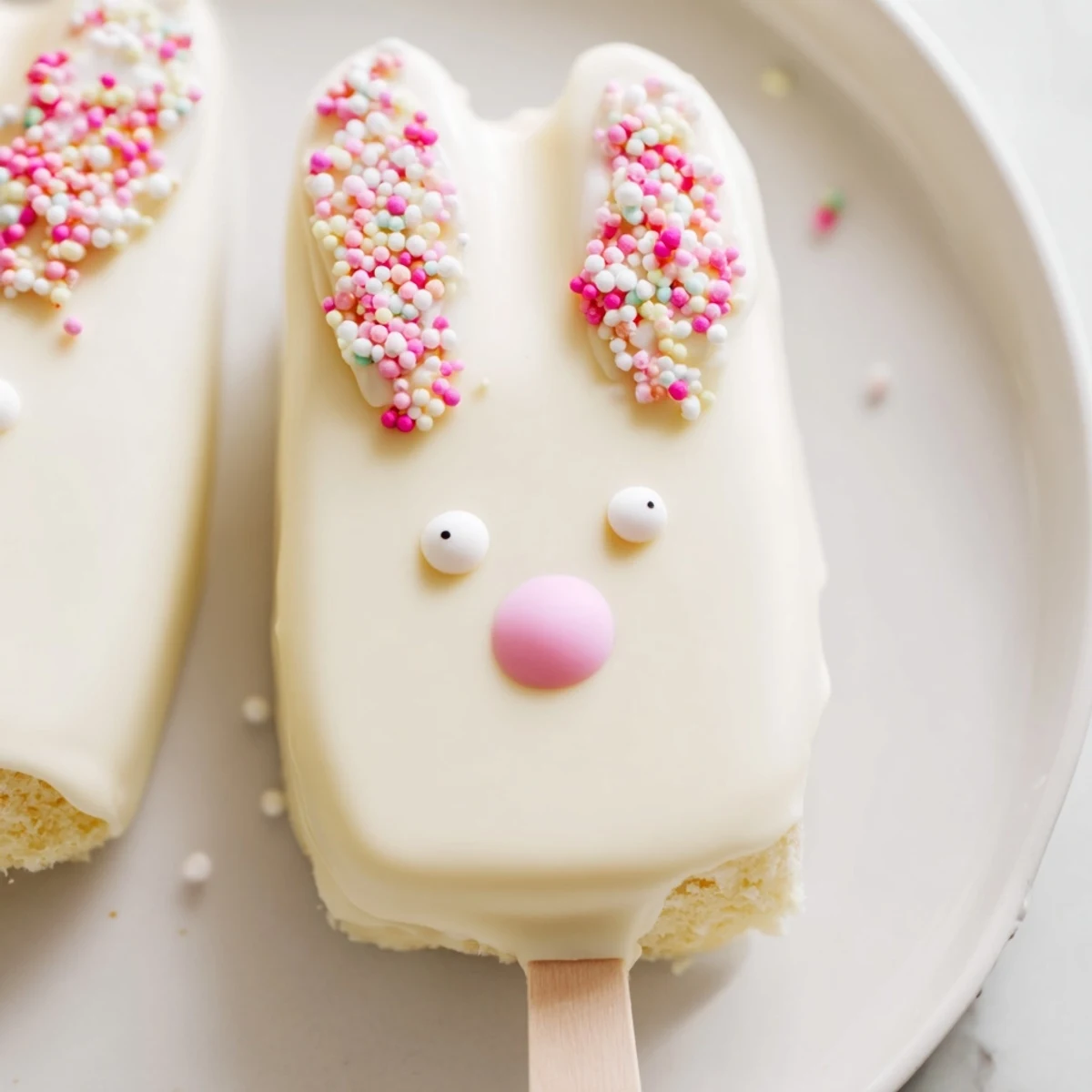 Adorable white chocolate bunny cakesicles with candy eyes on a festive Easter dessert platter