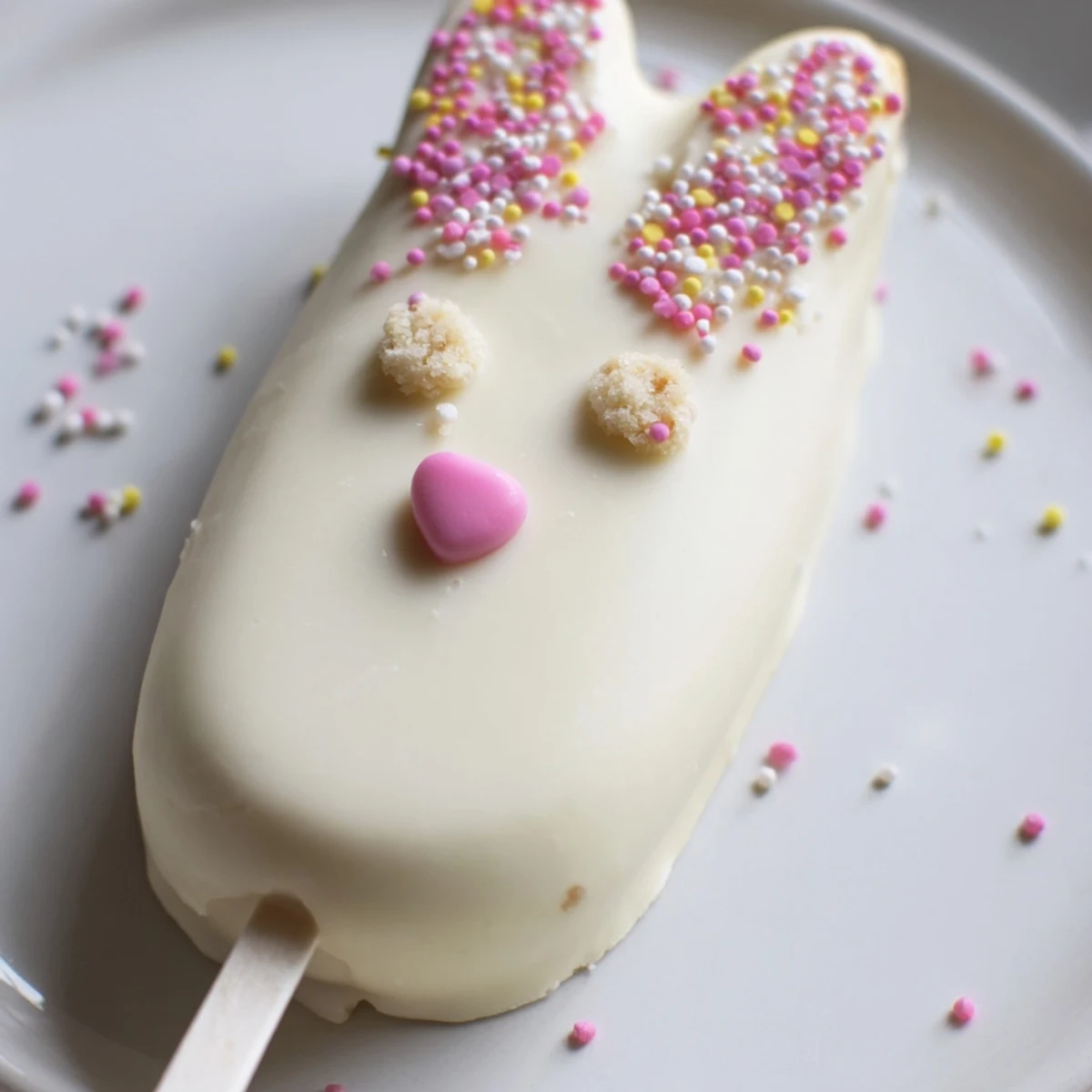 Creamy white chocolate bunny cakesicles decorated with pink ears and colorful spring sprinkles