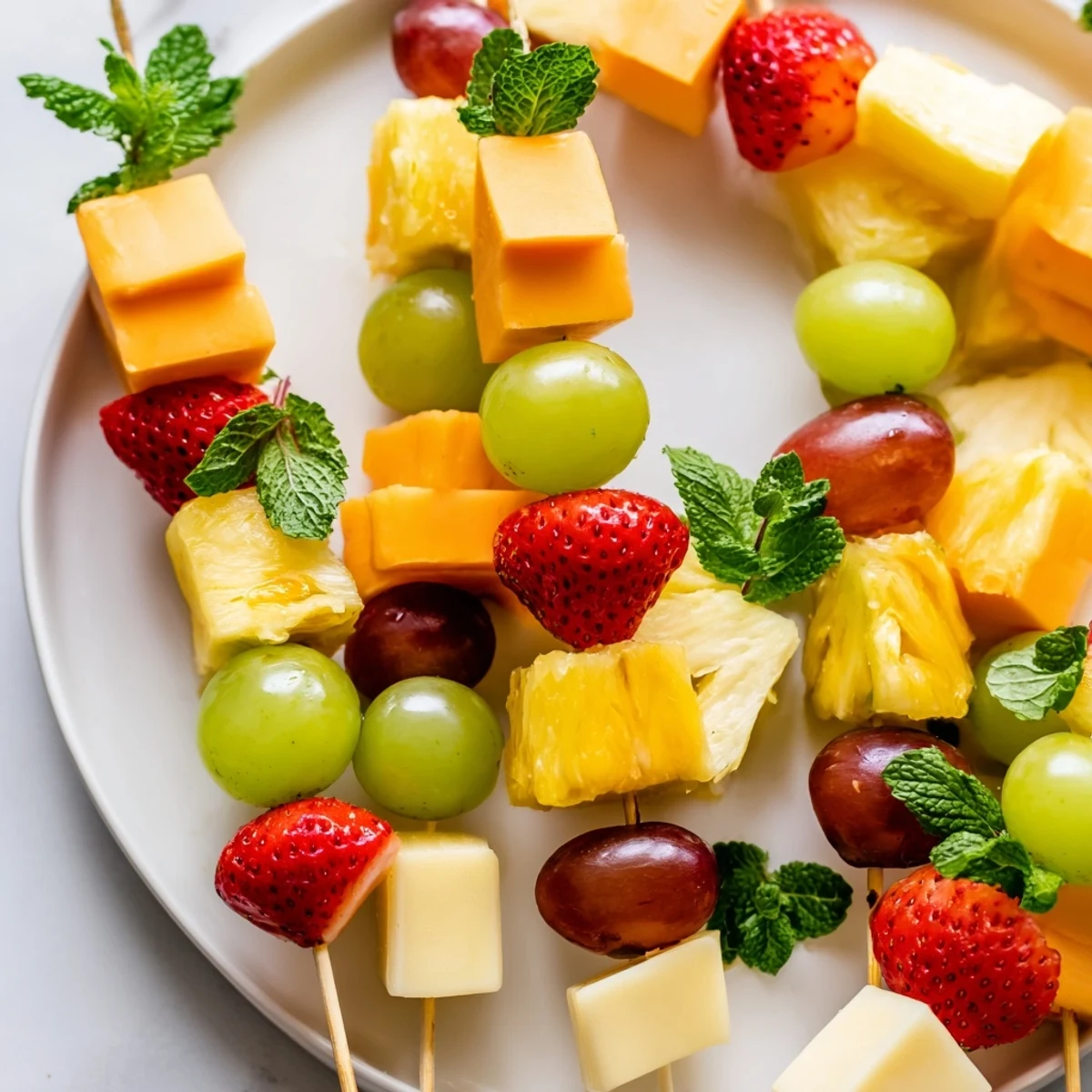 Colorful fruit and cheese kabobs arranged on a platter with grapes, strawberries, pineapple, and cubed cheddar cheese