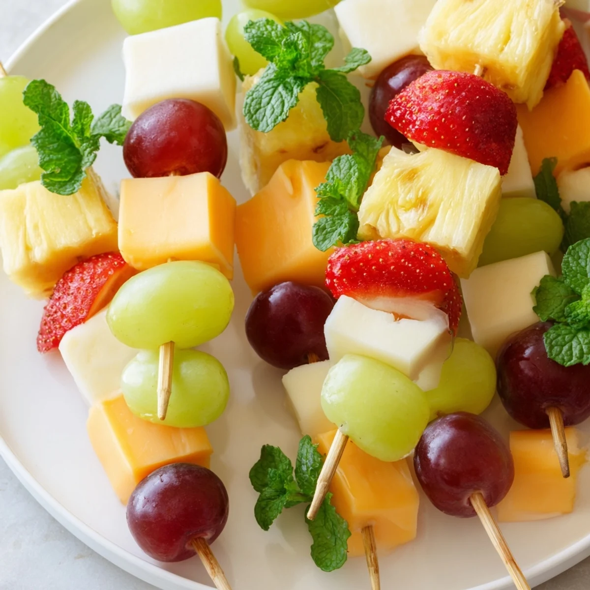 Fresh fruit and cheese kabobs featuring alternating red grapes, pineapple chunks, and creamy Monterey Jack squares