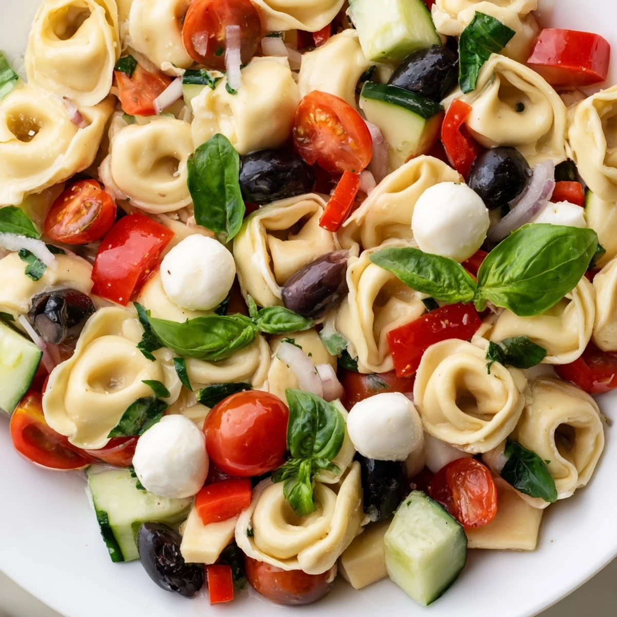Colorful tortellini salad with cherry tomatoes, cucumber, and mozzarella tossed in zesty Italian dressing