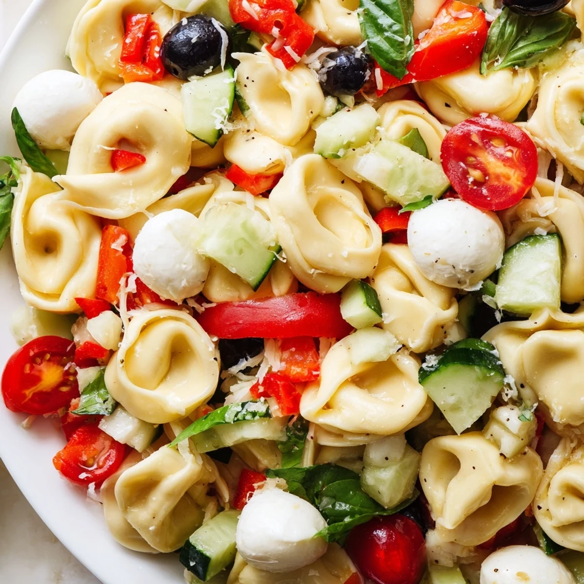 Creamy cheese tortellini salad garnished with fresh basil and Parmesan in a large serving bowl