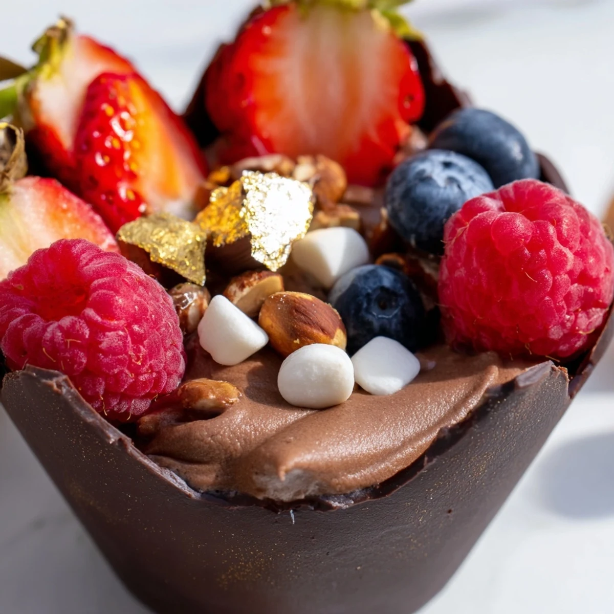 Decadent chocolate grazing cups filled with silky mousse and crowned with vibrant fresh berries