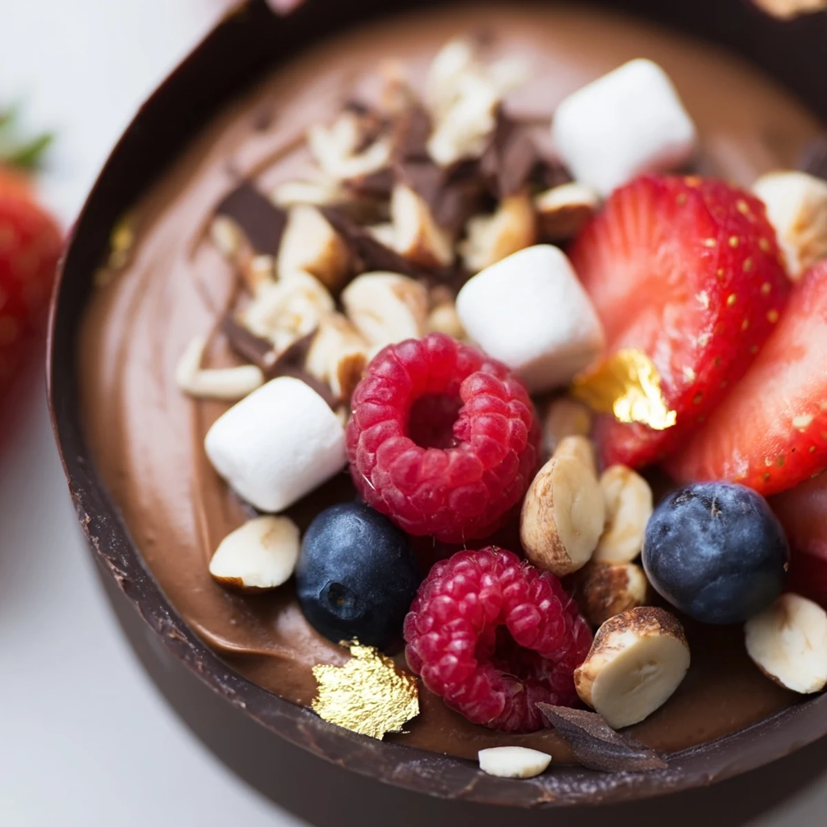 Rich chocolate grazing cups topped with crunchy nuts, berries, and delicate chocolate shavings