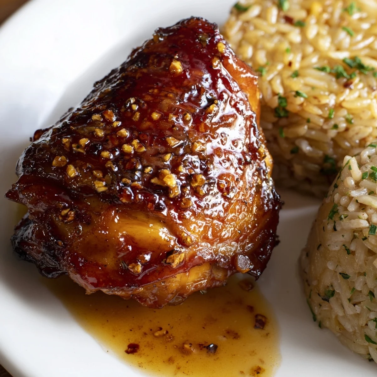 Glistening savory glazed chicken thighs with herb rice and golden crispy potatoes on a rustic plate
