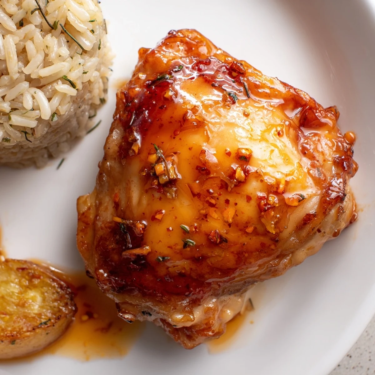 Savory glazed chicken with herb rice and crispy potatoes drizzled in sticky honey mustard sauce