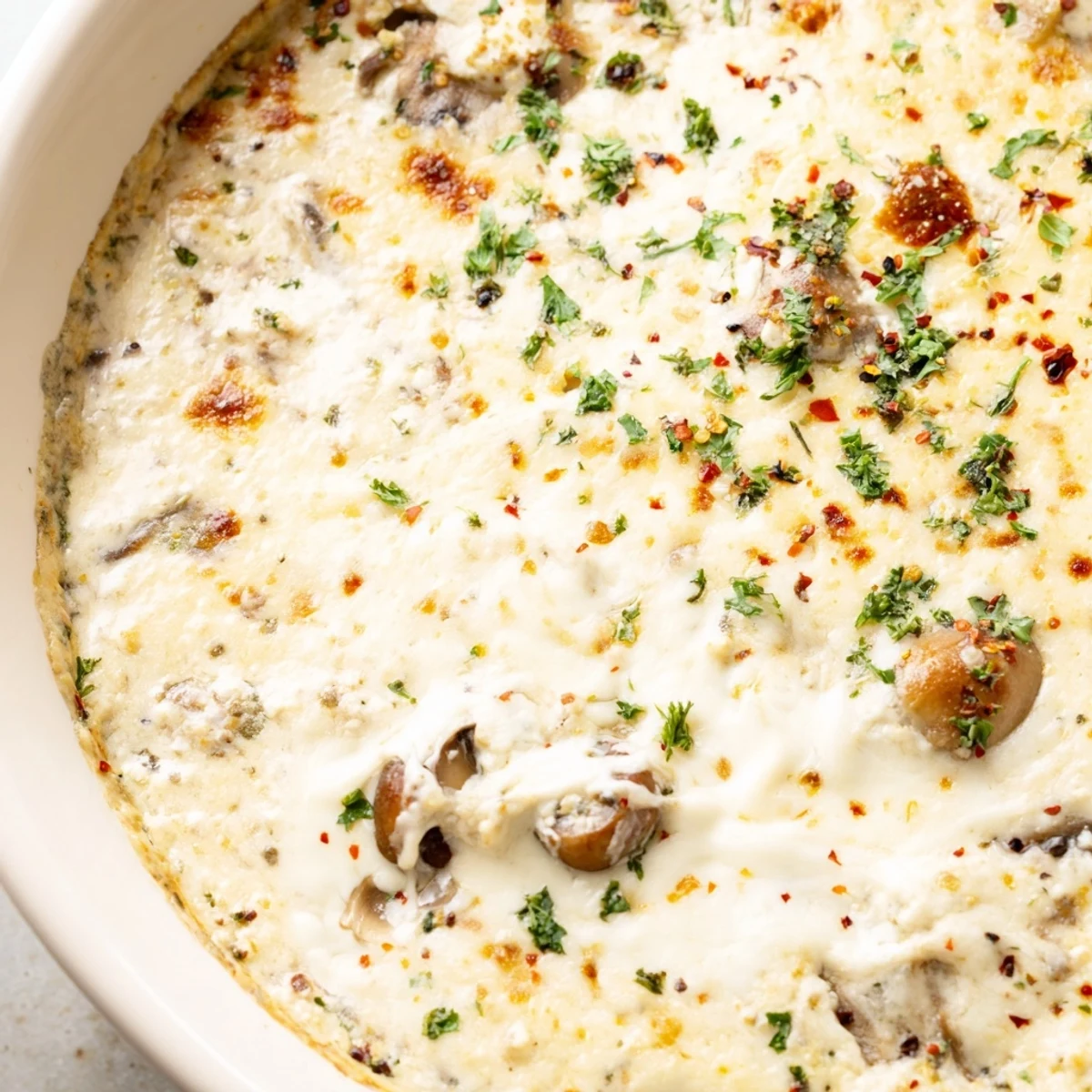 Golden bubbling stuffed mushroom dip served warm in a cast iron skillet