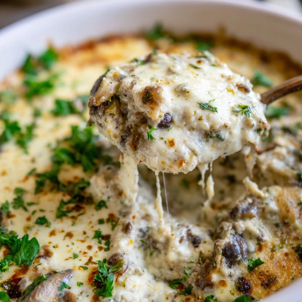 Creamy stuffed mushroom dip topped with fresh parsley and toasted baguette slices