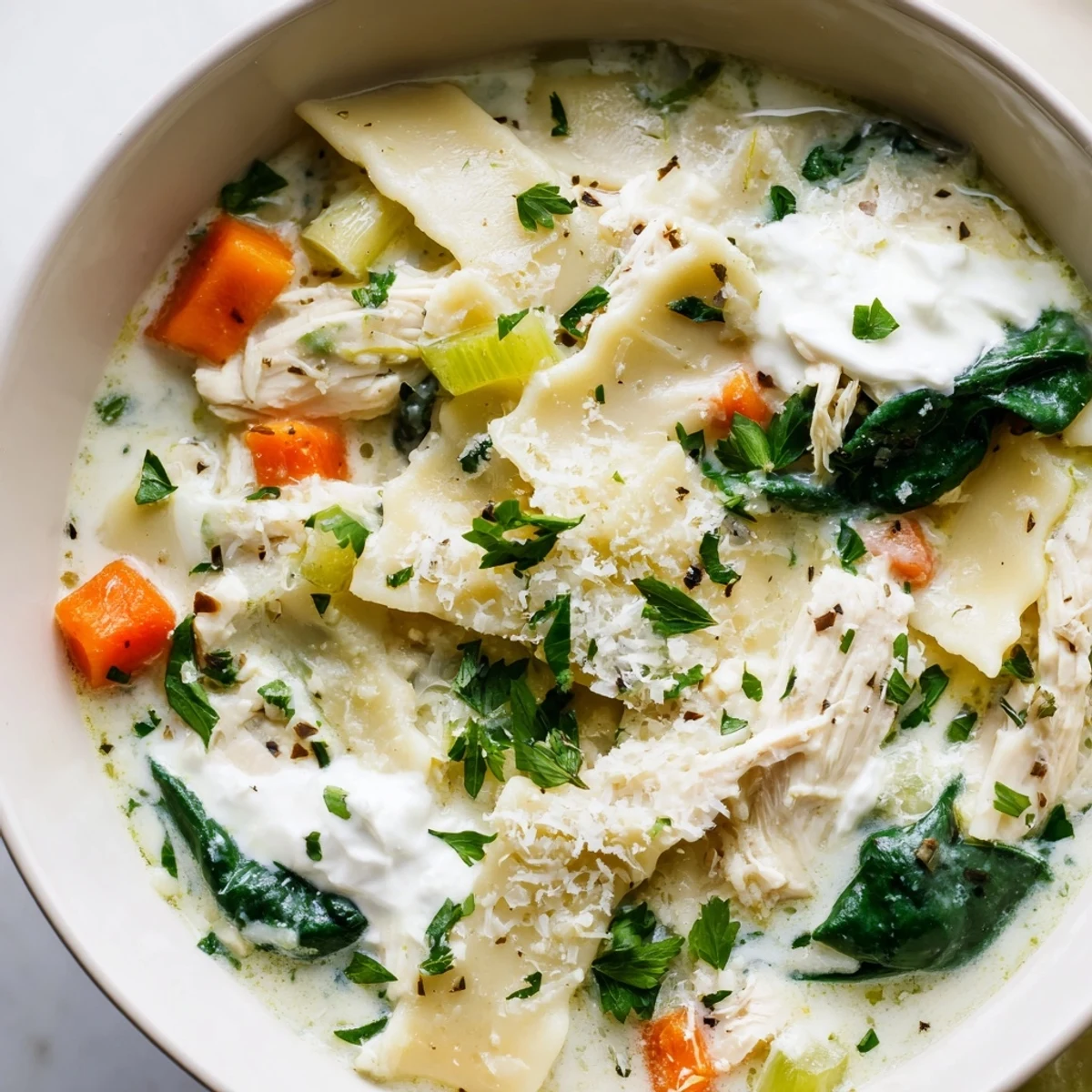 Steaming bowl of Italian white lasagna soup with tender chicken and broken noodles