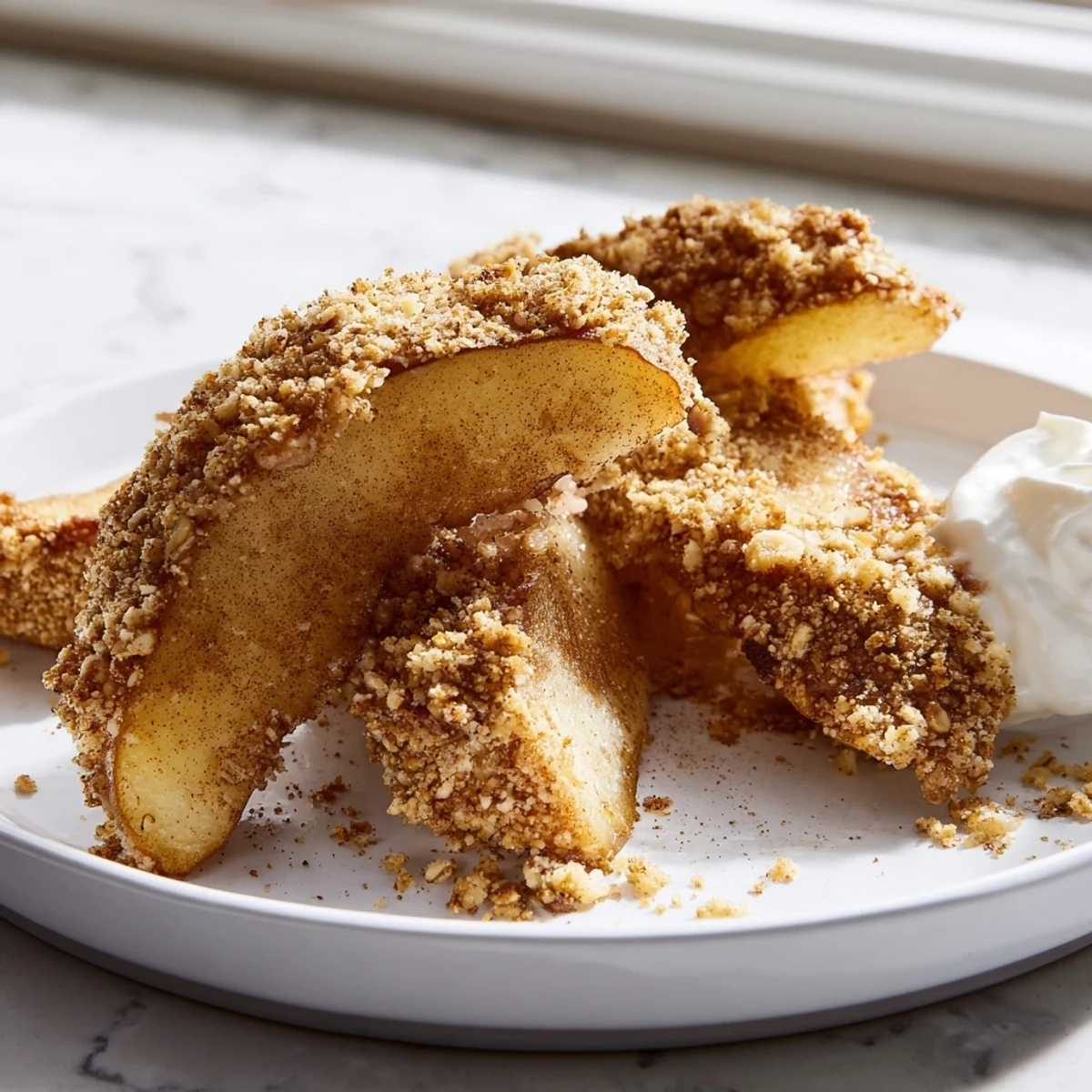 Golden crispy air fryer apples with cinnamon sugar coating served warm in a bowl