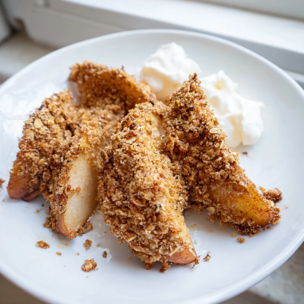 Crispy air fryer apples arranged on a plate showcasing their crunchy oat and cinnamon crust