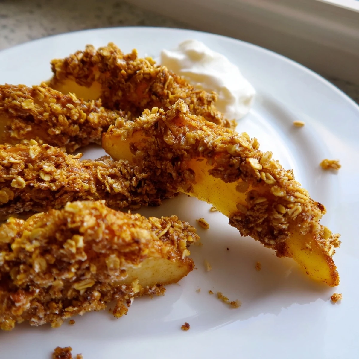 Tender cinnamon sugar crispy air fryer apple slices topped with a dollop of whipped cream