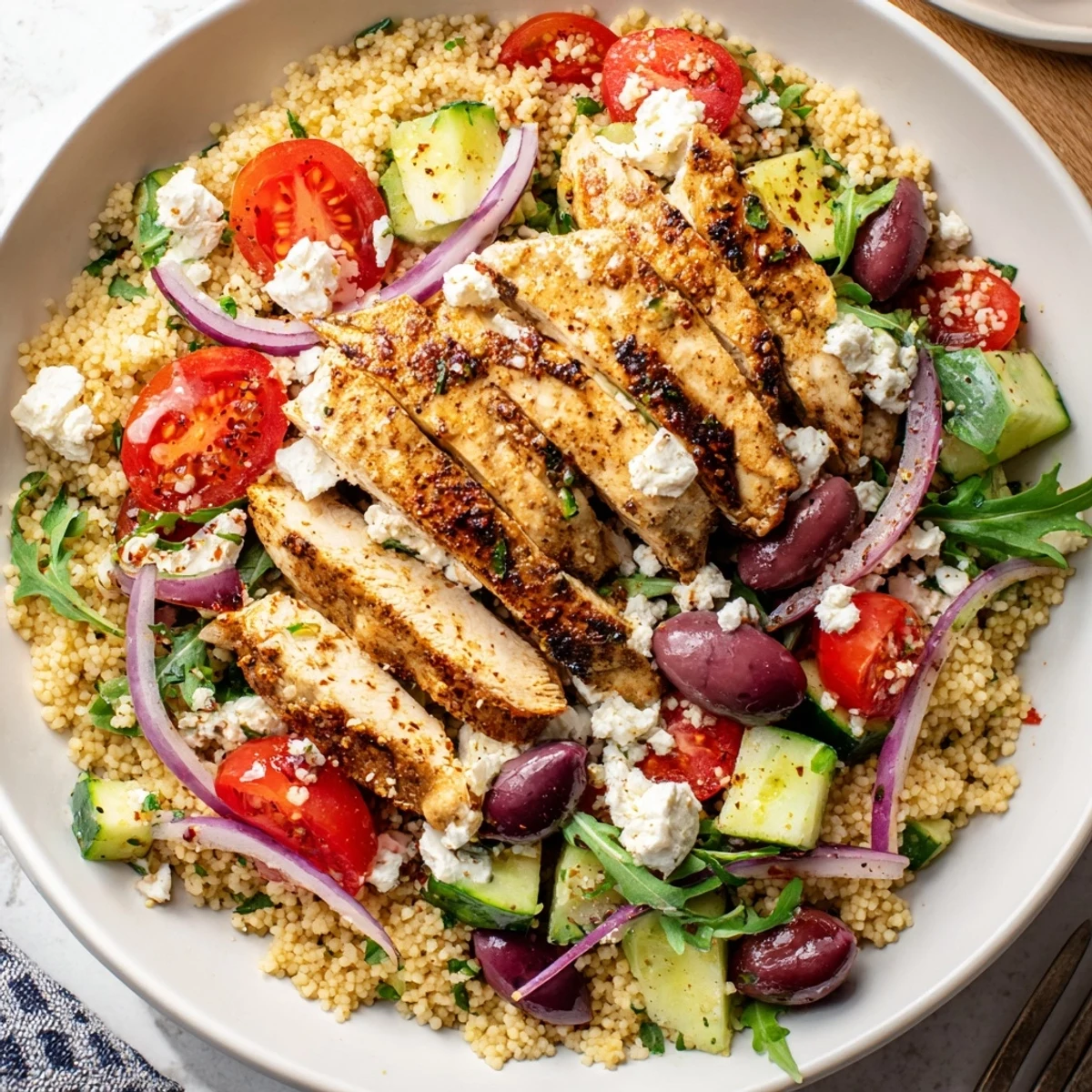 A Classic Mediterranean Chicken Couscous Bowl drizzled with creamy lemon-tahini sauce and fresh vegetables