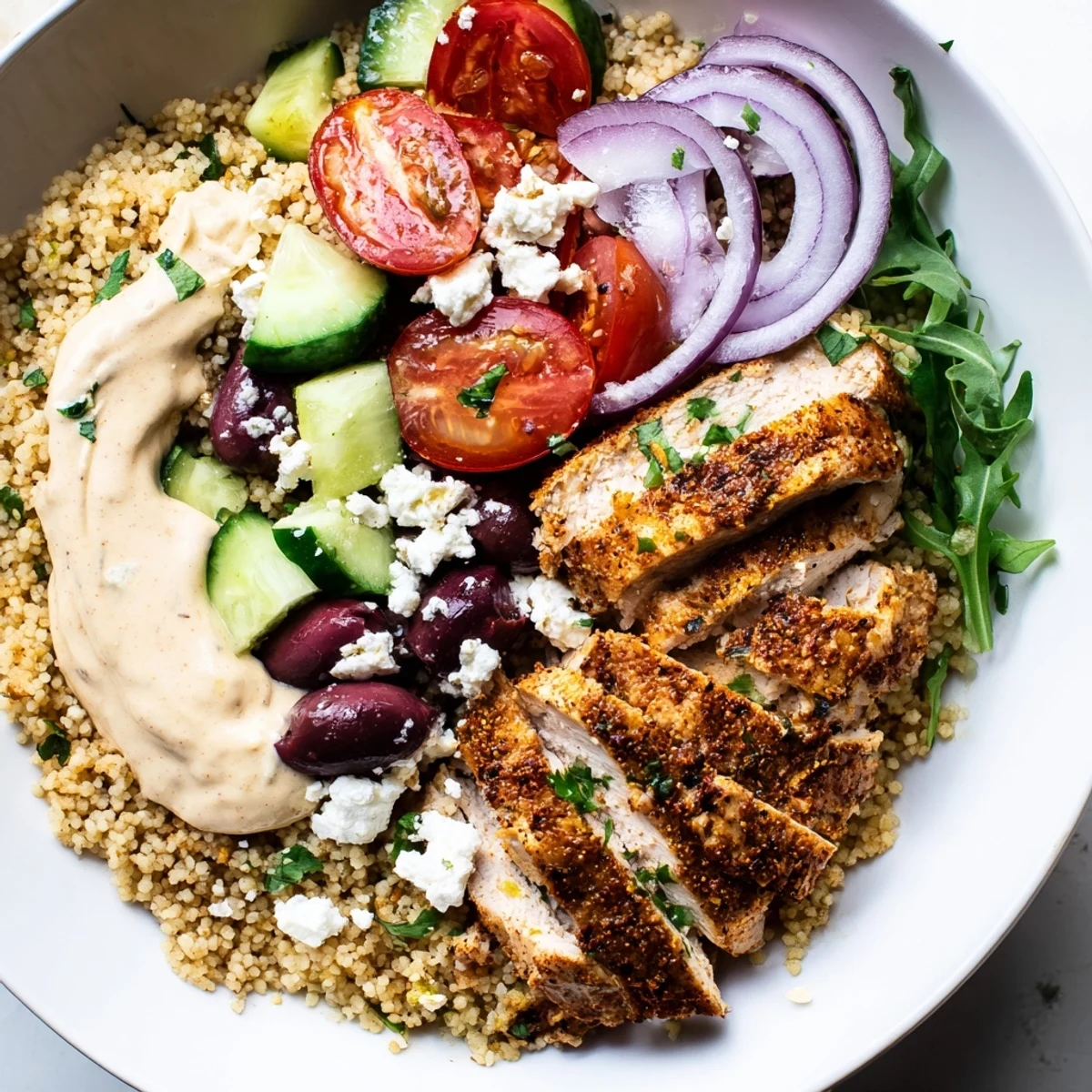 Sliced spiced chicken rests atop fluffy couscous in this Classic Mediterranean Chicken Couscous Bowl