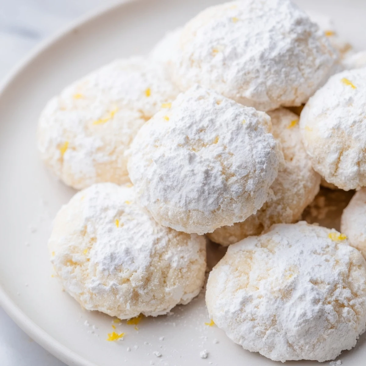 Pile of buttery Lemon Meltaways coated in snowy powdered sugar beside a teacup