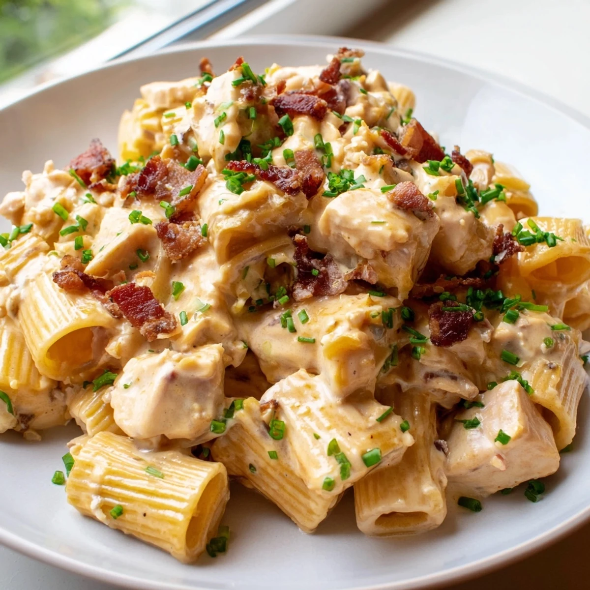 Creamy Crack Chicken Pasta topped with crispy beef bacon and fresh herbs in a white bowl