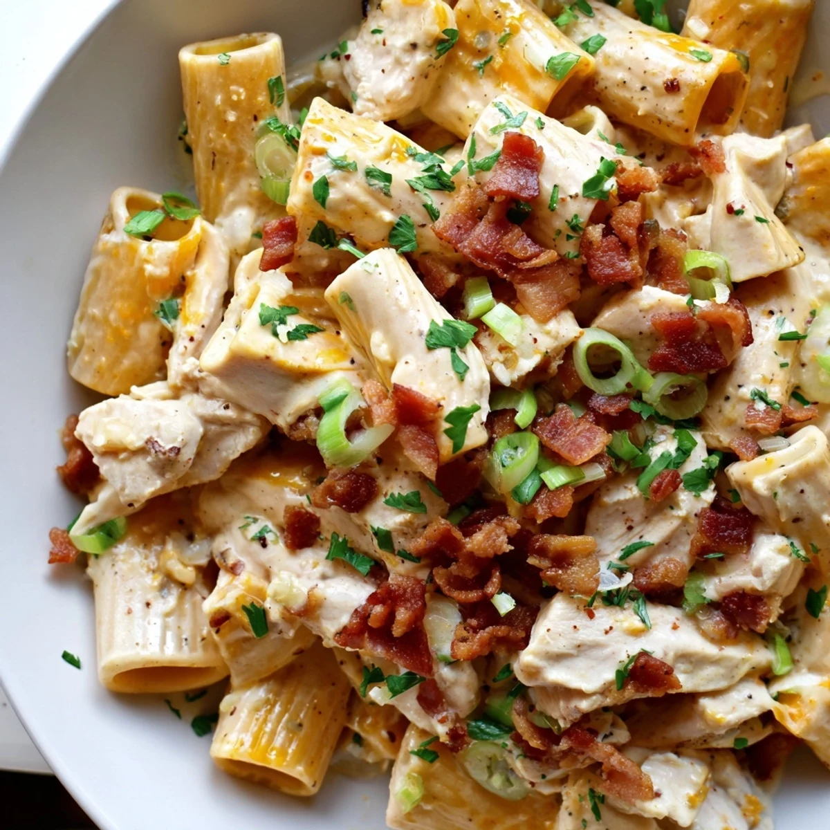 Close-up of Crack Chicken Pasta with melted cheddar sauce coating tender penne and golden chicken