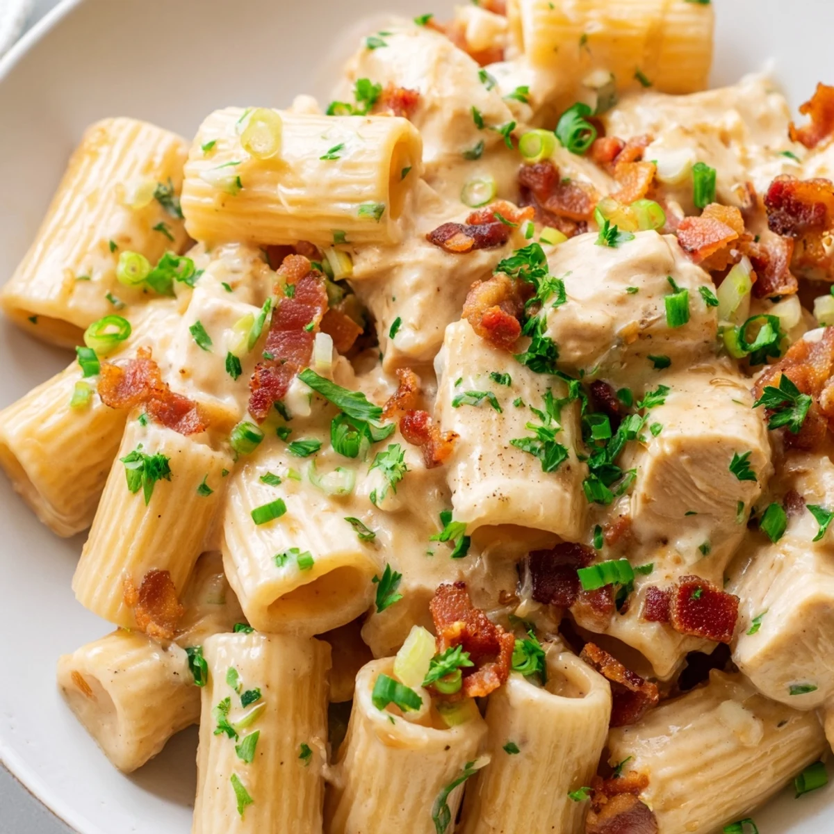 Steaming plate of Crack Chicken Pasta garnished with crispy bacon bits chives and spring onions