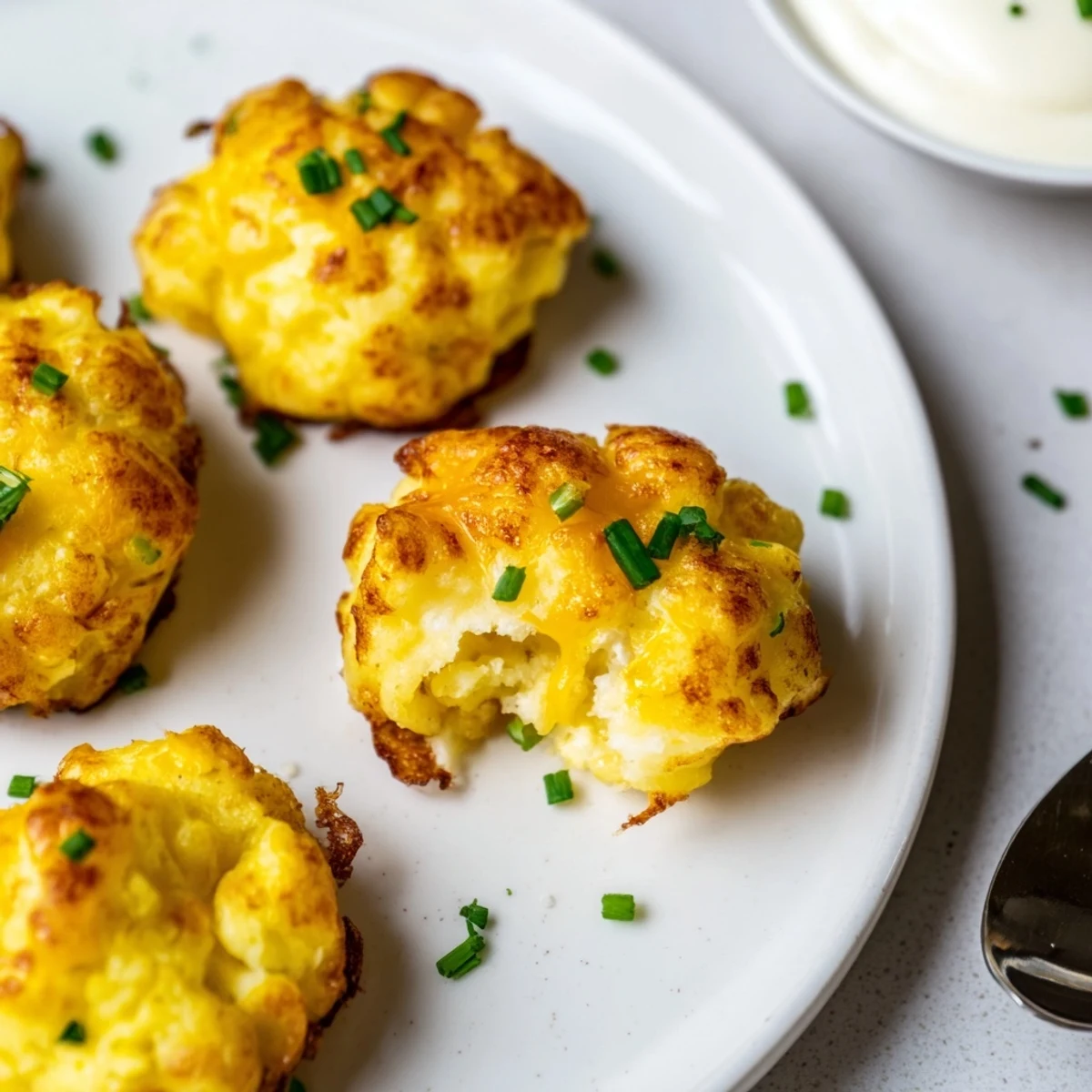 Golden Mashed Potato Cheese Puffs served warm with a side of sour cream