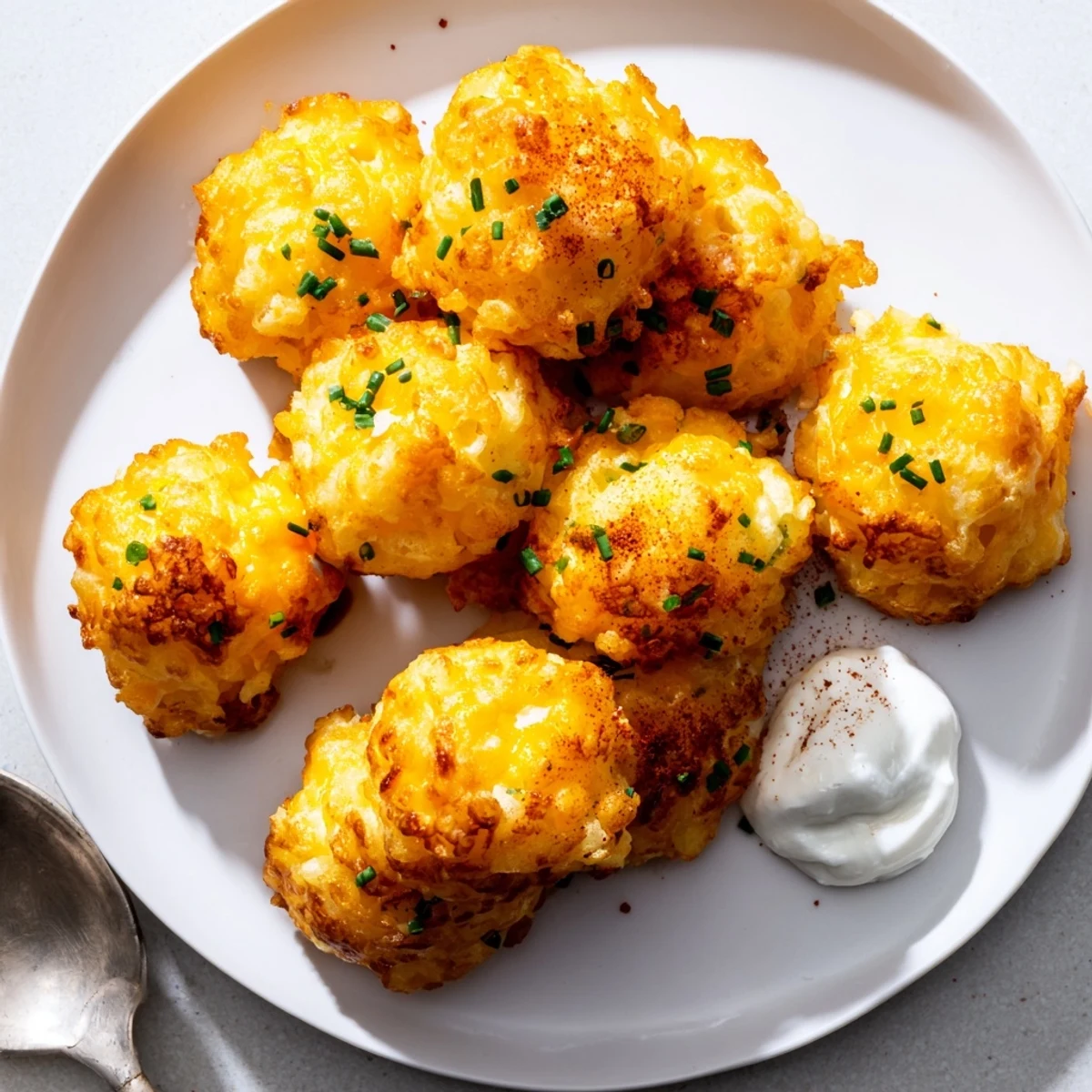 Crispy baked Mashed Potato Cheese Puffs garnished with fresh chives on rustic plate