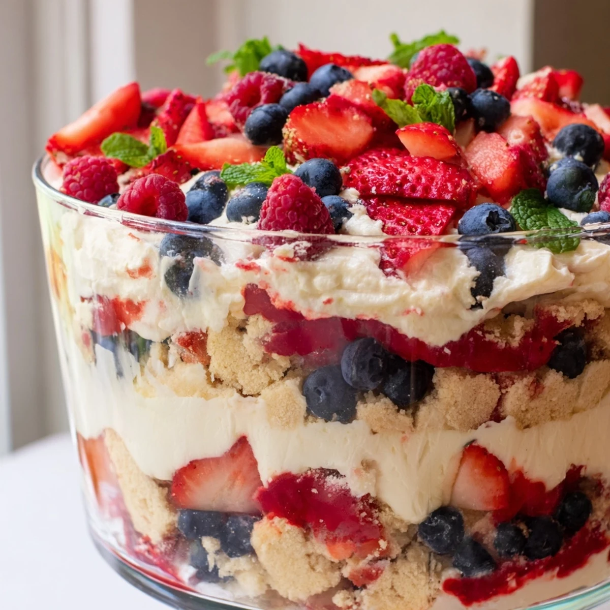 Creamy Red White Blue Mixed Berry Yum Yum layered in a glass trifle bowl with fresh strawberries, blueberries, and raspberries