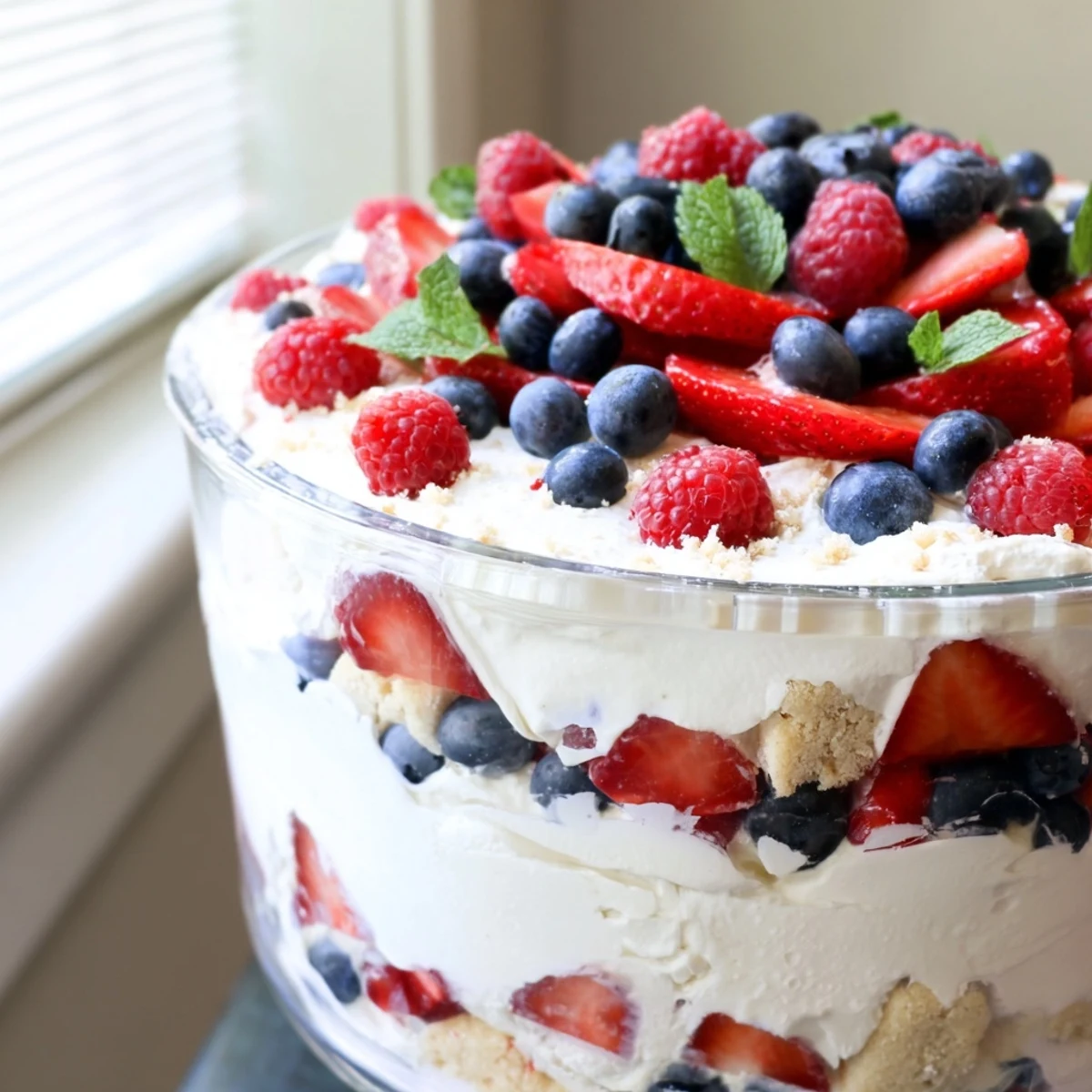 Red White Blue Mixed Berry Yum Yum showcasing patriotic layers of whipped cream cheese filling and vibrant summer fruit