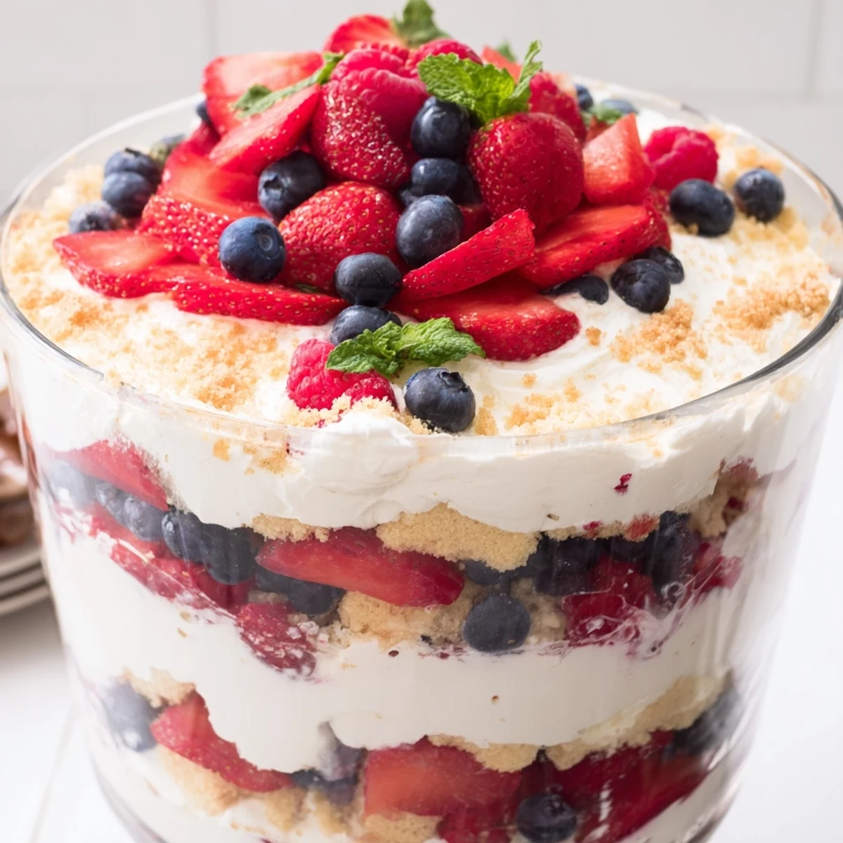 No-bake Red White Blue Mixed Berry Yum Yum topped with juicy berries and crushed shortbread in individual dessert cups