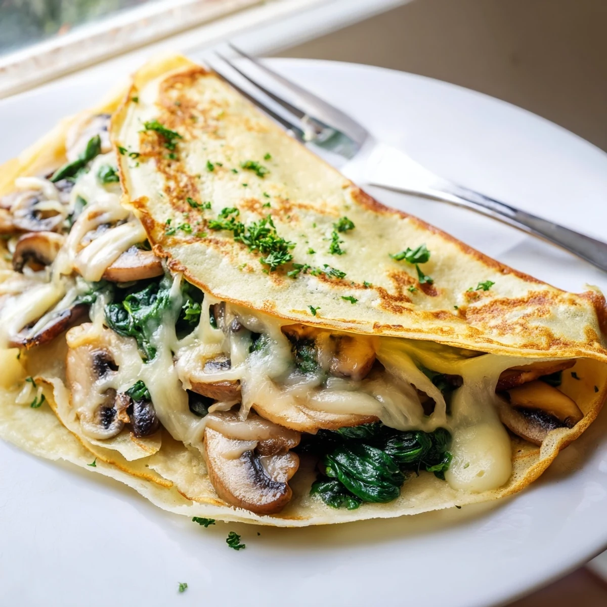 Golden savory crepes filled with sautéed spinach, mushrooms, and melted Gruyère cheese on a plate