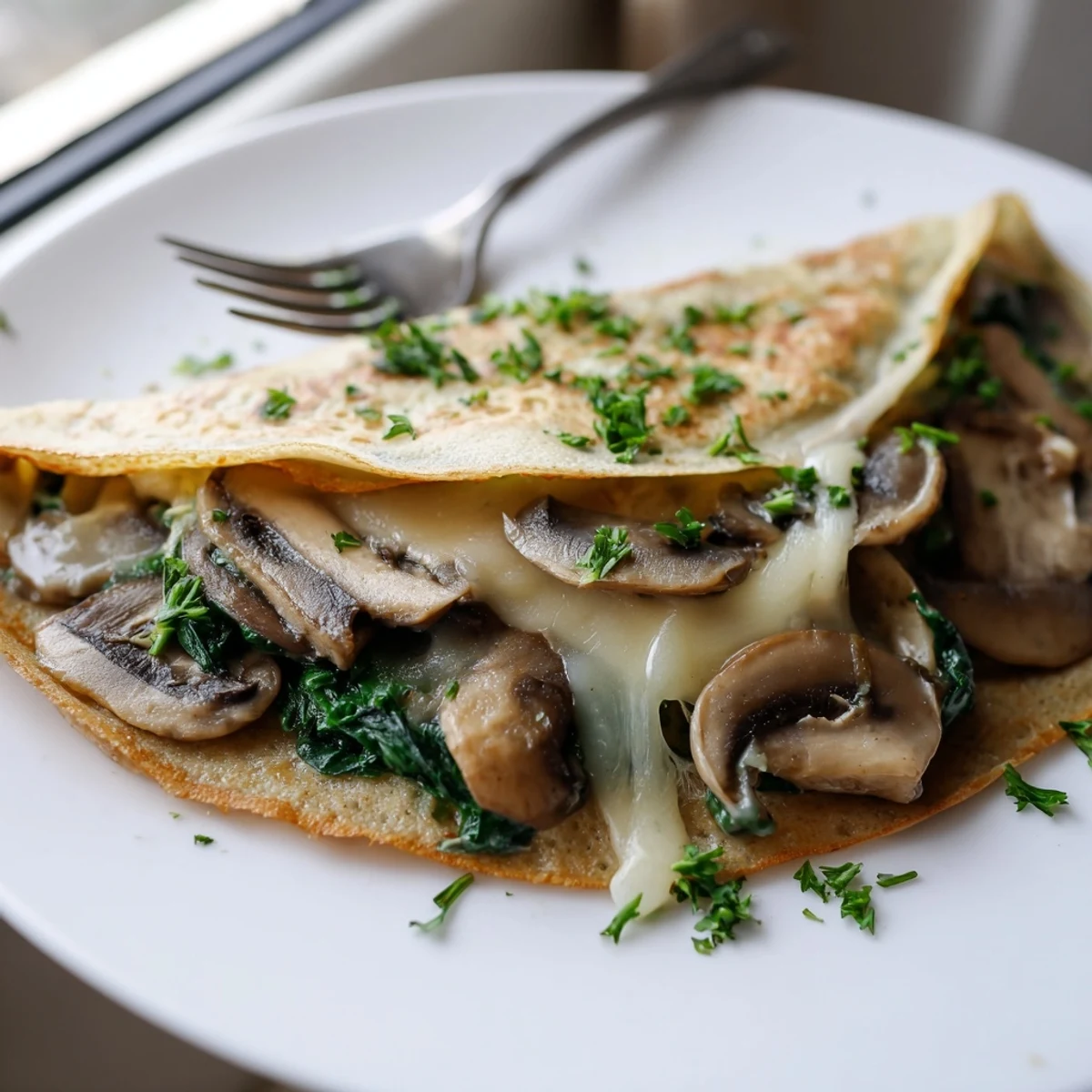 Thin French savory crepes rolled around a warm spinach and mushroom filling with melted cheese