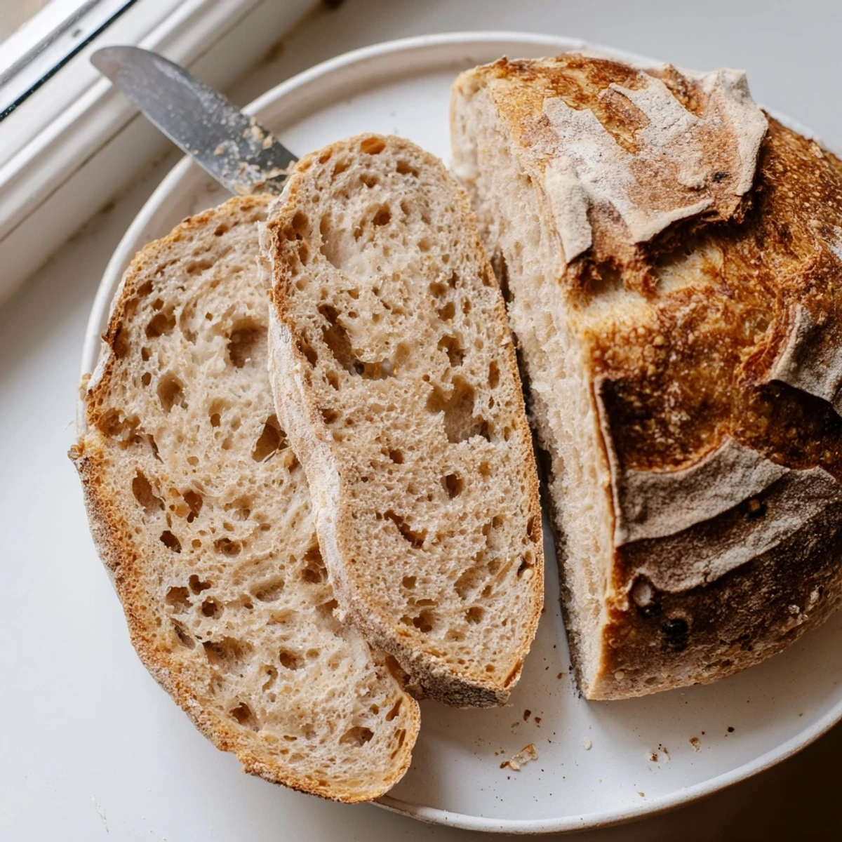 Crusty sourdough bread with a golden scored top cooling on a wire rack