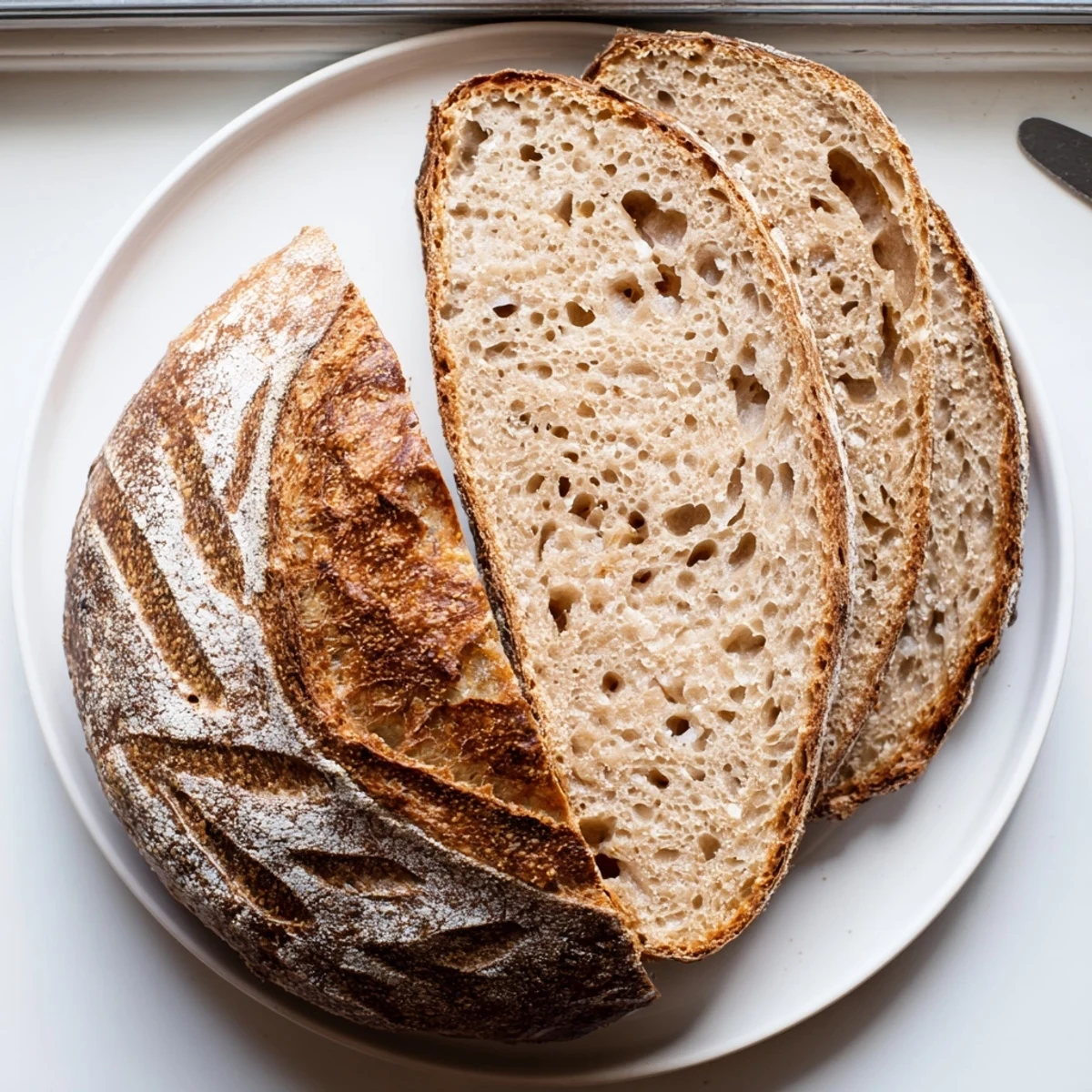 Thick slice of rustic sourdough bread revealing a chewy open crumb