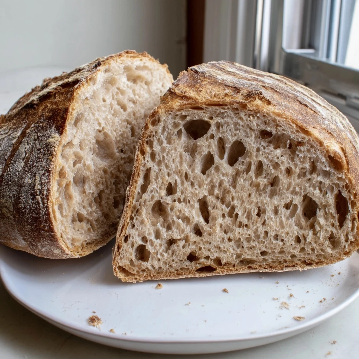 Warm sourdough bread loaf served with cultured butter on a wooden board