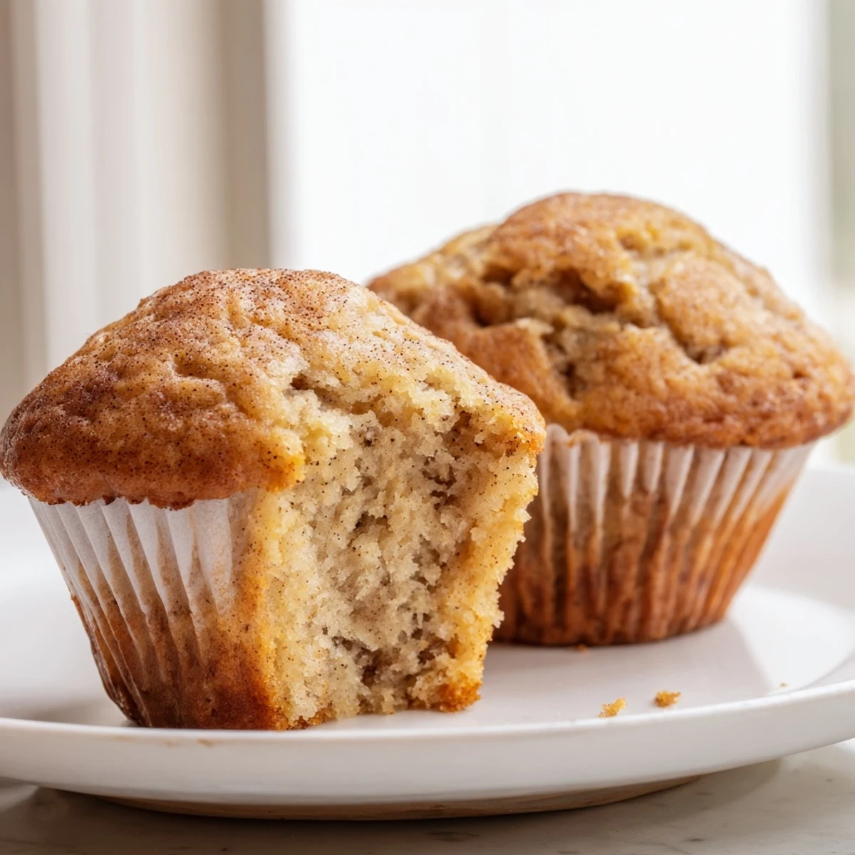 Golden banana muffins with crackly tops cooling on a wire rack, dusted with cinnamon.
