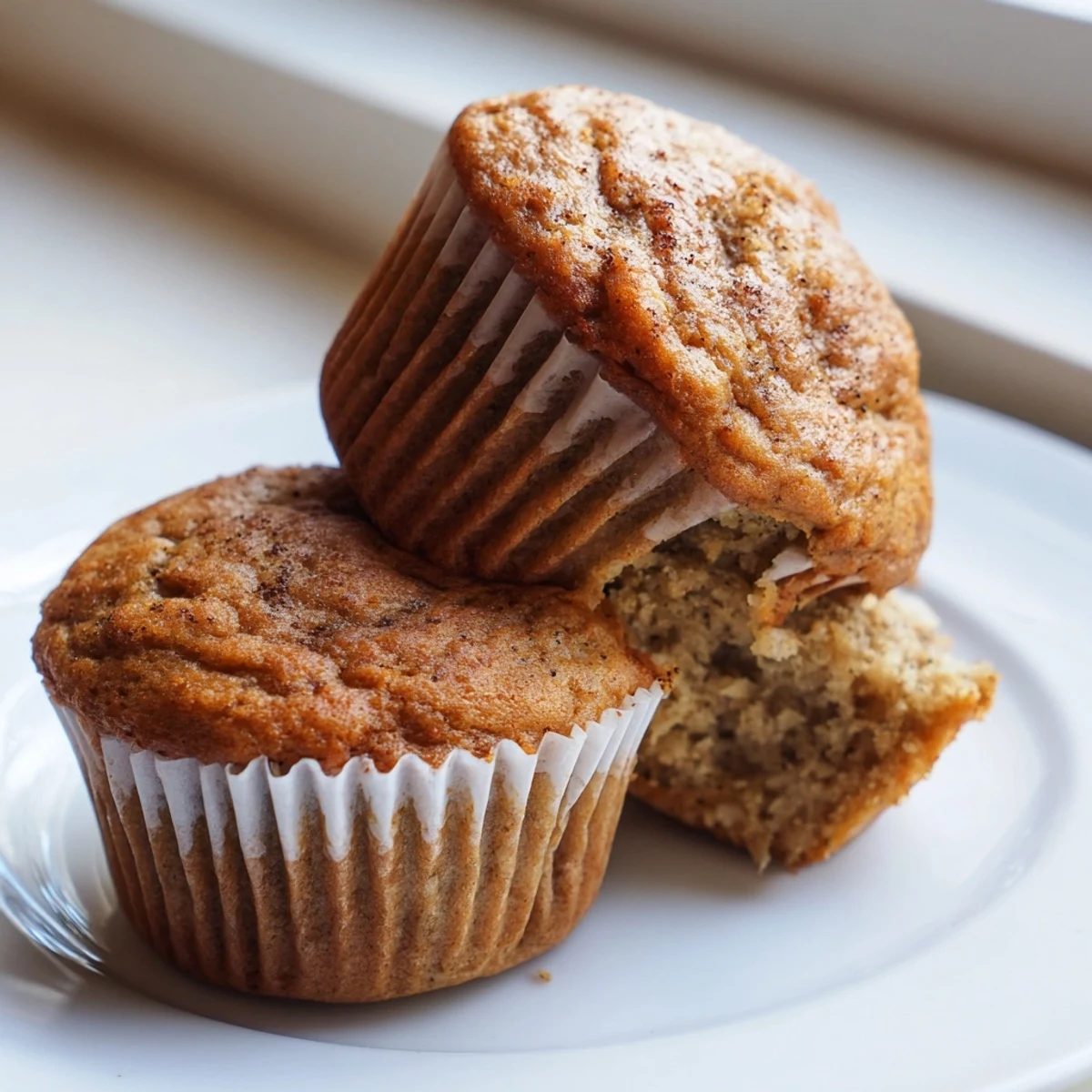 Moist banana muffins with domed golden crowns nestled in paper liners beside ripe bananas.