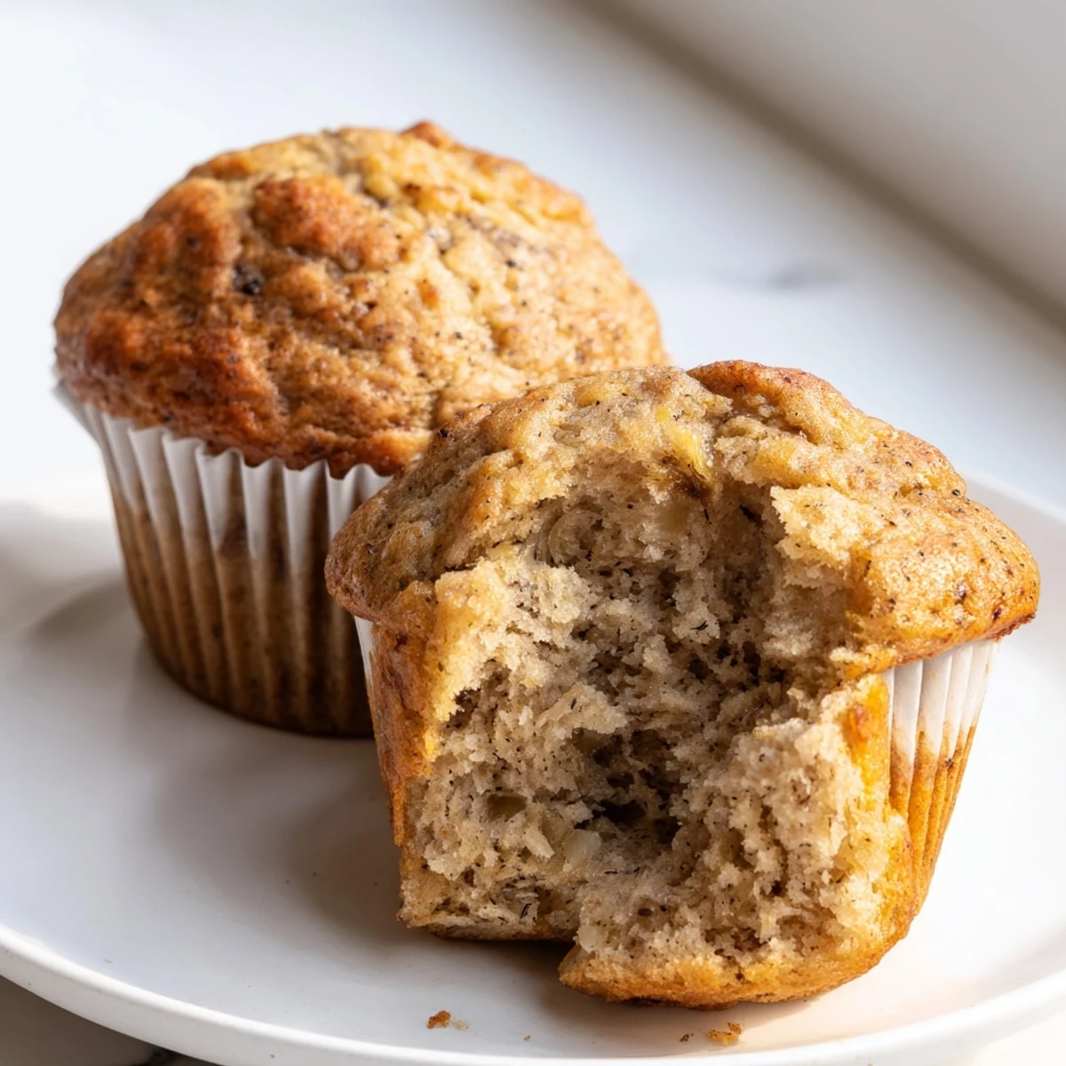 Soft banana muffins arranged on a rustic plate, steaming and ready for breakfast.