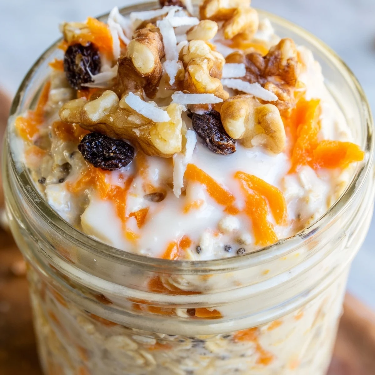 Carrot Cake Overnight Oats topped with cream cheese frosting in a mason jar