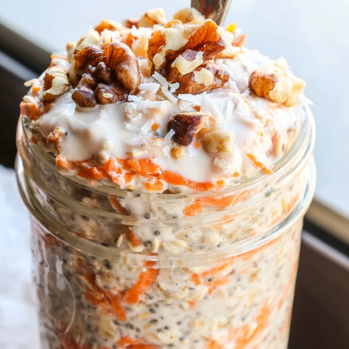 Creamy carrot cake overnight oats loaded with grated carrots, raisins, and warm spices