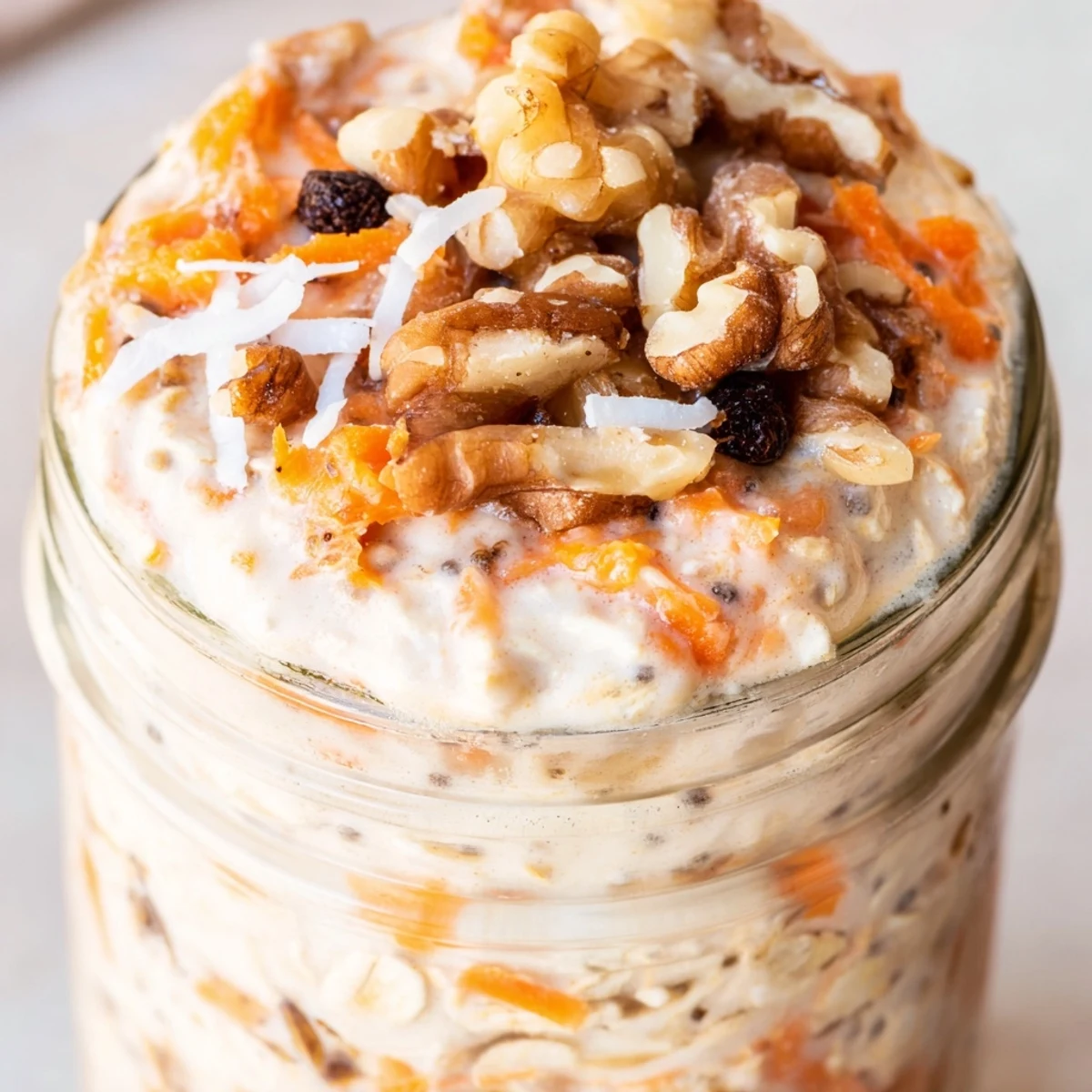 Thick carrot cake overnight oats garnished with chopped walnuts and a drizzle of maple syrup