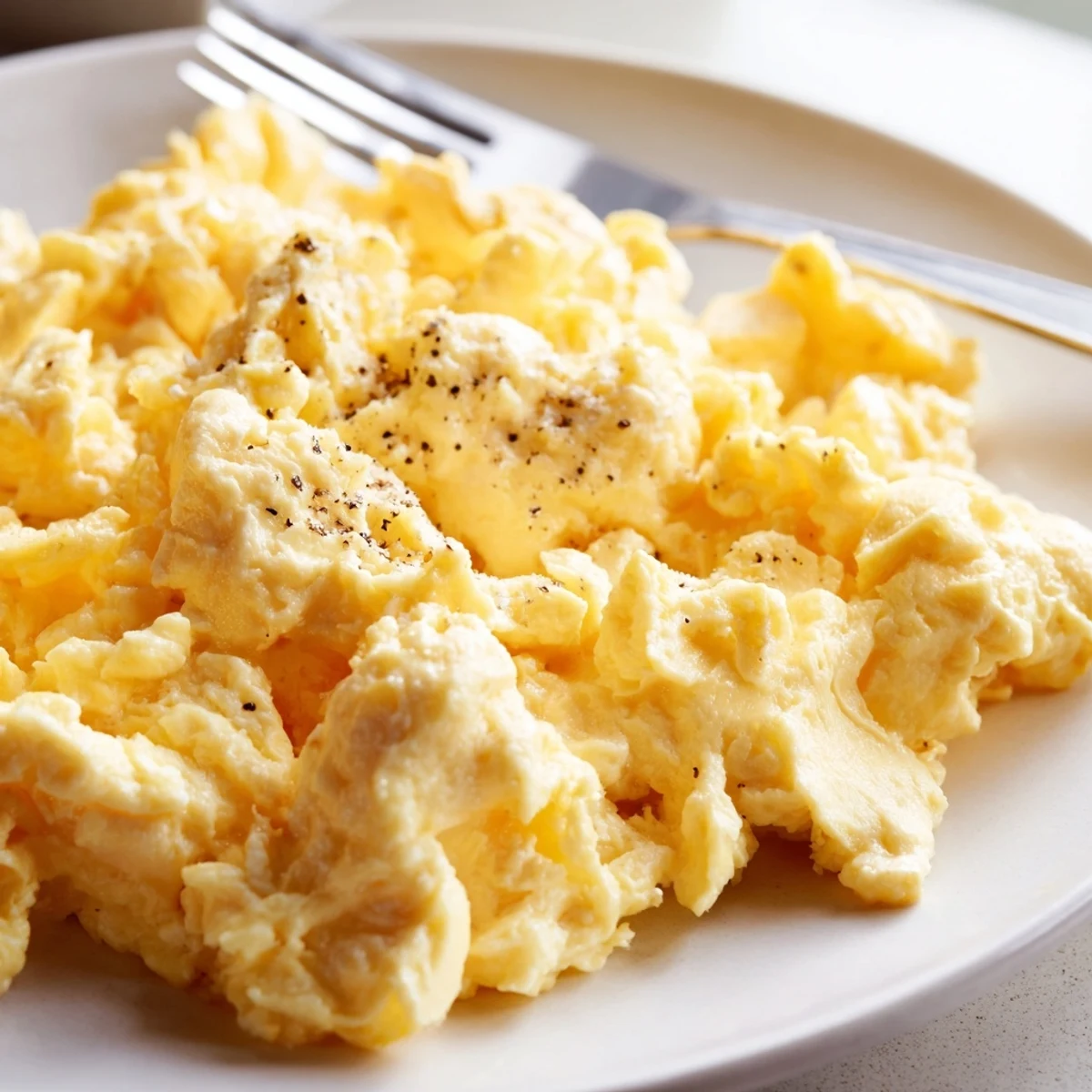 Creamy scrambled eggs piled on a plate with golden toast and fresh herbs