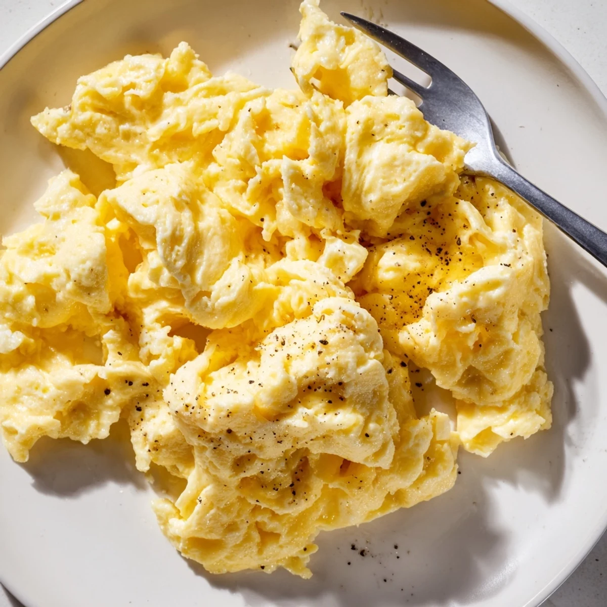 Fluffy scrambled eggs gently cooked in butter and served in a warm skillet