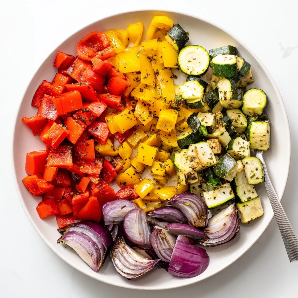 Golden caramelized classic Mediterranean roasted vegetables scattered with fresh basil on a rustic platter