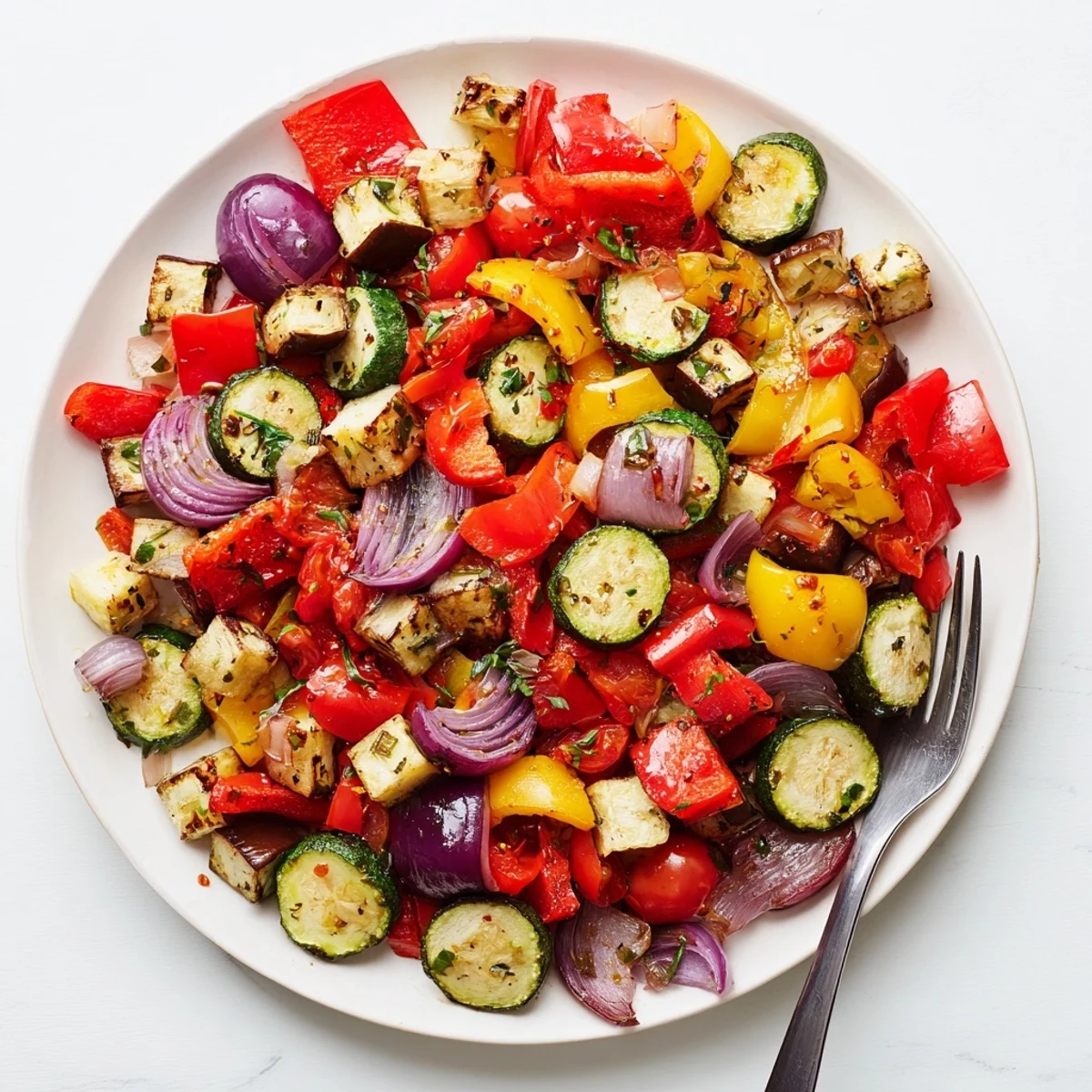 A colorful sheet pan of classic Mediterranean roasted vegetables fresh from a hot oven
