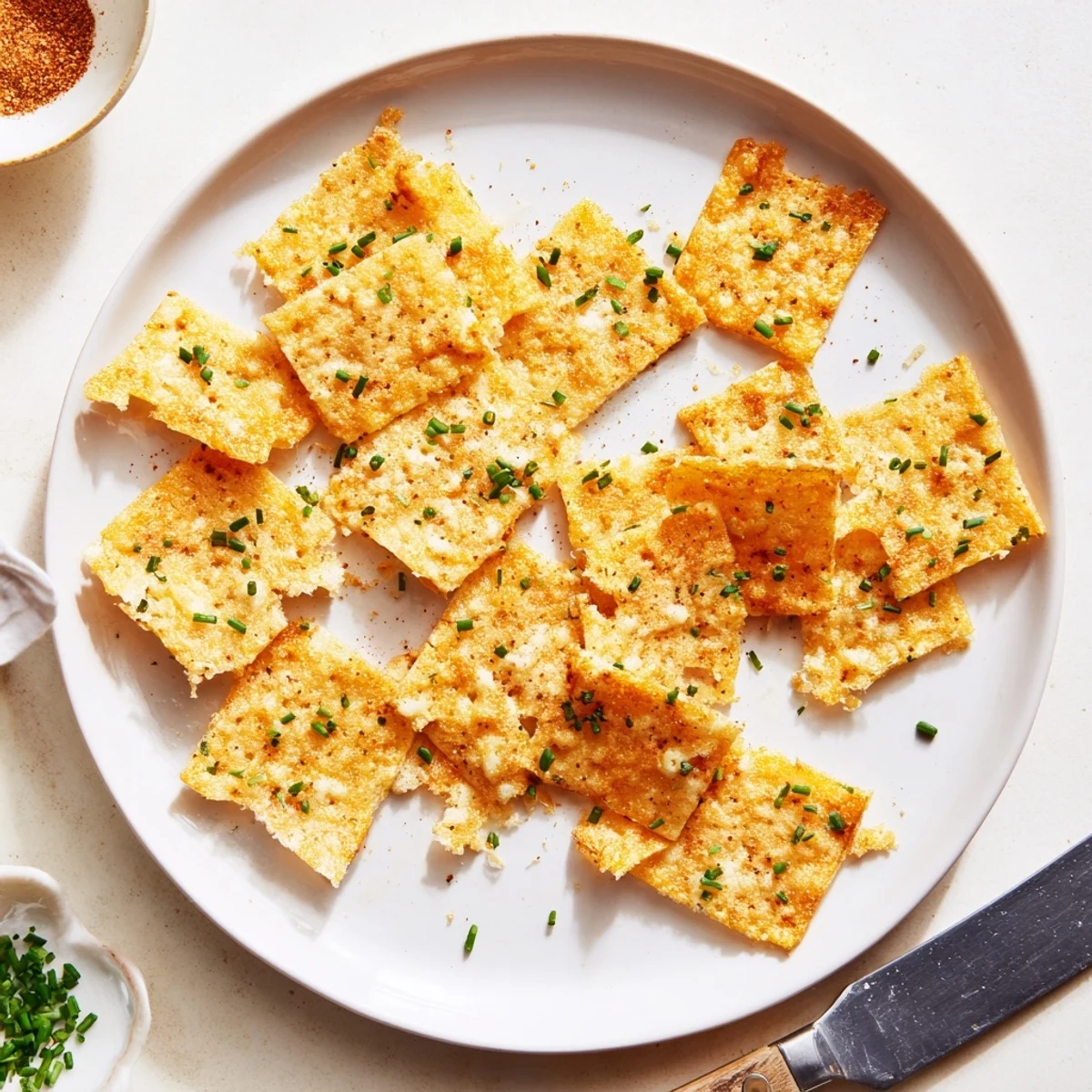 Golden baked cheese and herb snack crisps arranged on a parchment-lined baking sheet