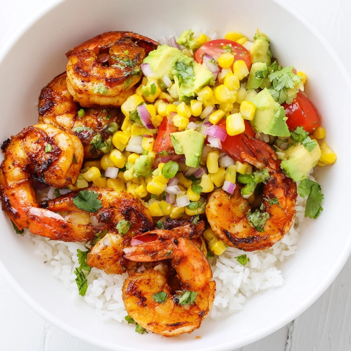Sizzling grilled shrimp bowl topped with bright avocado corn salsa and lime