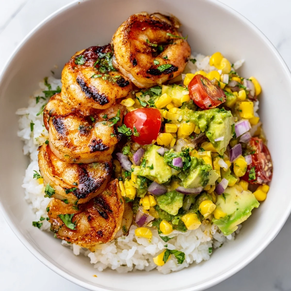 Grilled shrimp bowl with creamy avocado corn salsa served in a rustic bowl