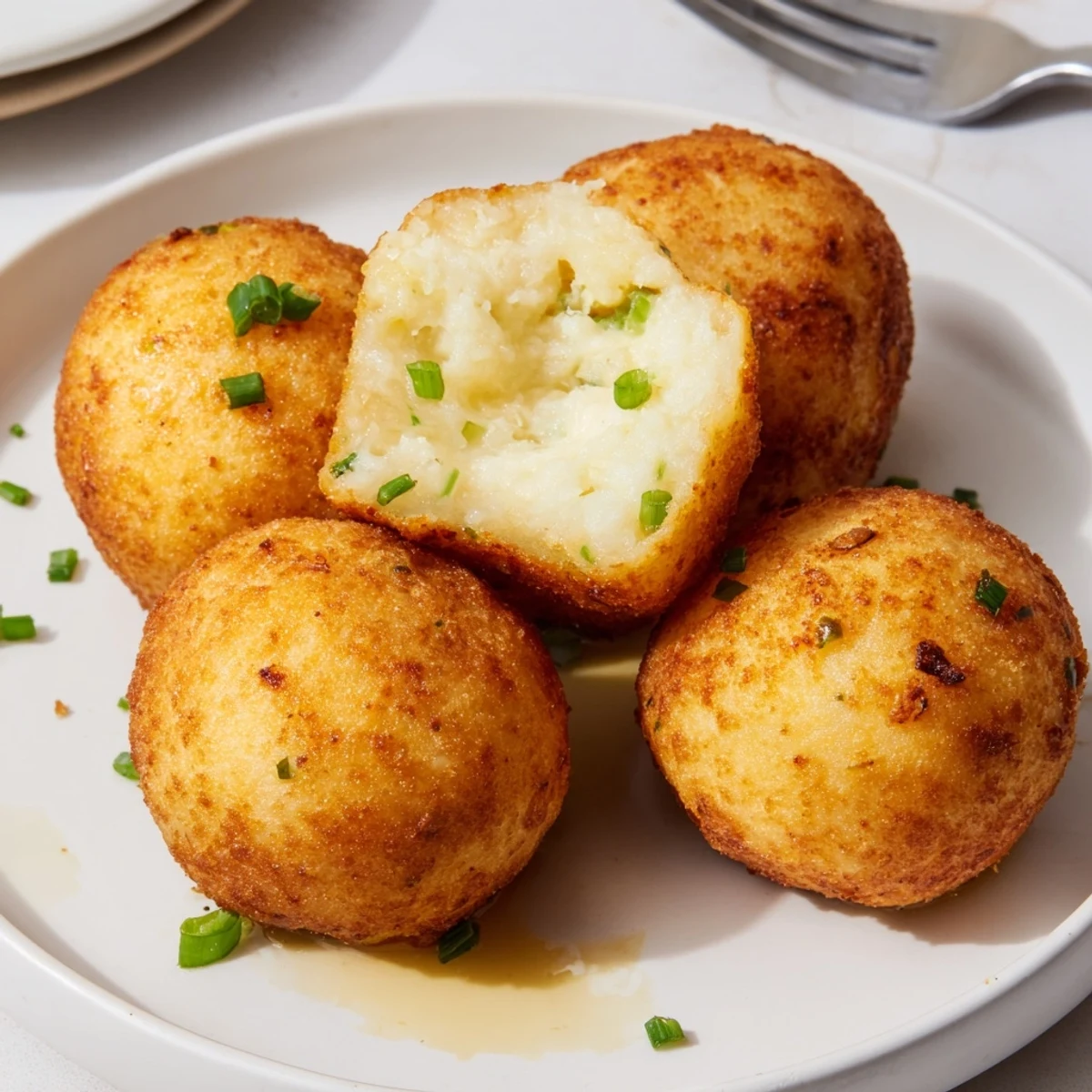Crispy, golden Fried Mashed Potato Balls with gooey cheddar, served with ranch