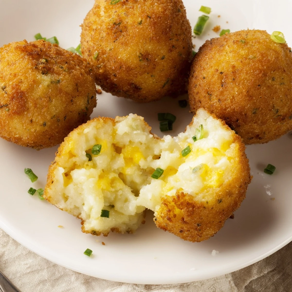 Warm Fried Mashed Potato Balls, creamy inside and crunchy outside, party-perfect